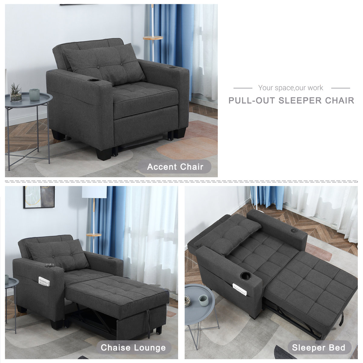 Latitude Run 36.6" Wide Convertible Chair 3-In-1 Pull Out Sleeper Futon Chair Beds with USB